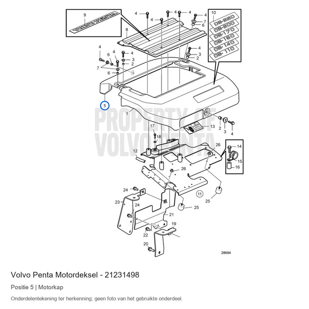 Volvo Penta motordeksel 21231498, positie 5 in de onderdelentekening